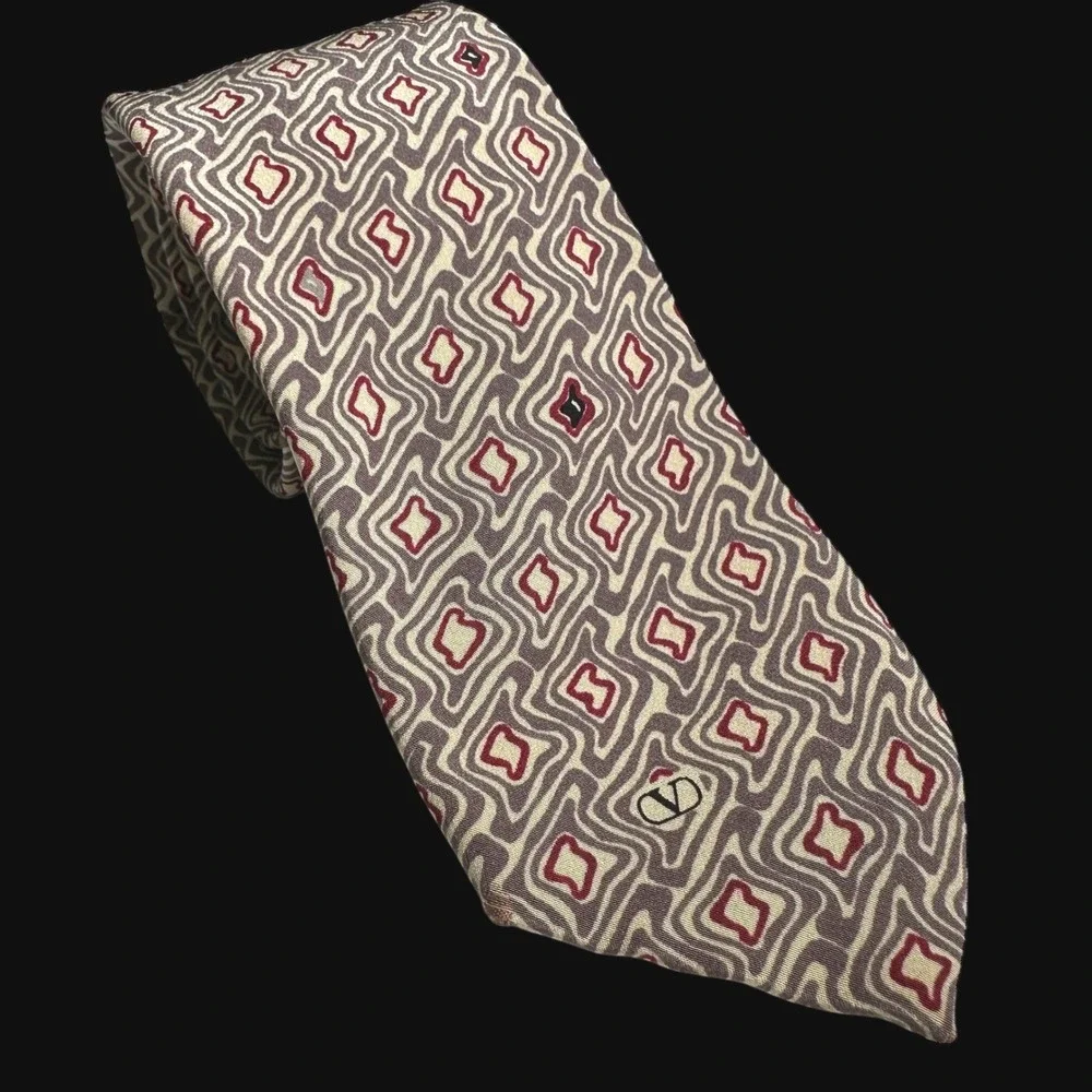 Valentino‎ Cravatte Mens Silk Tie Geometric Wavy Diamond Burgundy Grey Italy Vtg